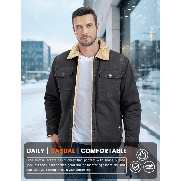 Mens Dark Grey AI Winter Sherpa Lined Jacket Warm Trucker Coat Multi Pocket - Picture 4 of 7